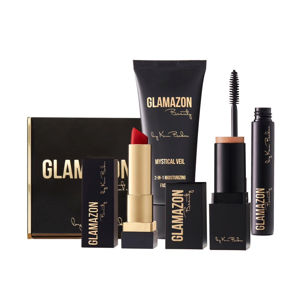 Group shot of Glamazon makeup products on a white background.